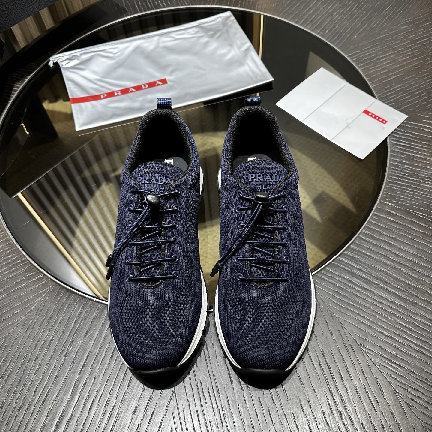 Prada Navy Stretch Knit Sneakers